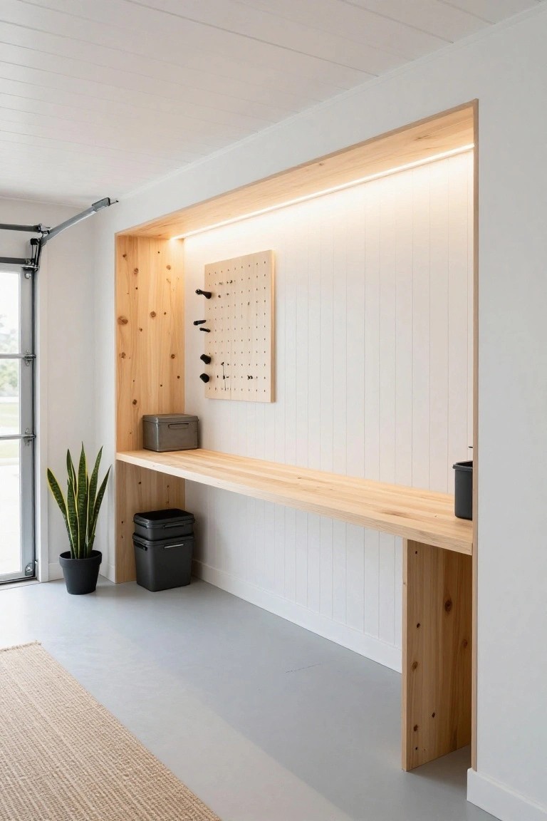 Recessed wooden garage storage niche with LED strip lighting along the top, pegboard, bench, bins, and plants on a white wall