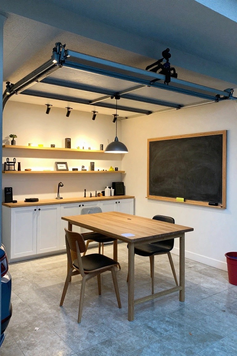 Garage converted to workspace with overhead track lighting on ceiling rails, spotlights on shelves and table, and a pendant lamp over wooden desk area