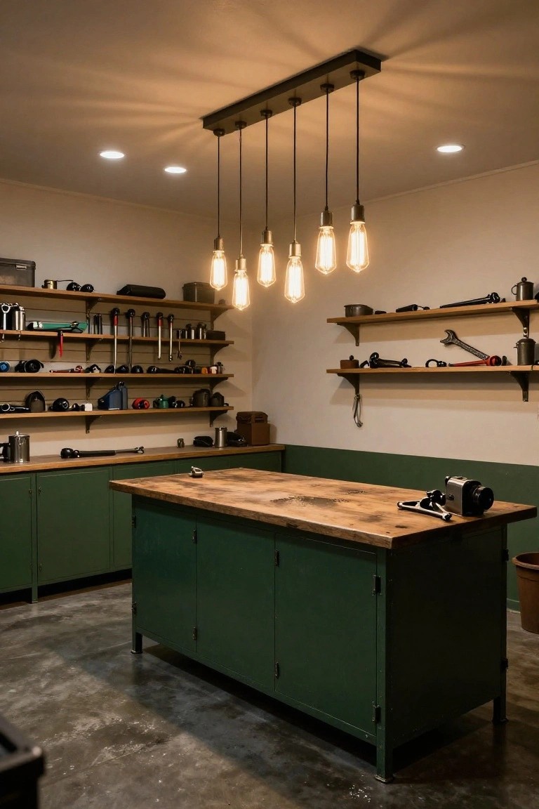 Garage workshop with wooden workbench and green cabinets under a row of hanging pendant lights with exposed bulbs