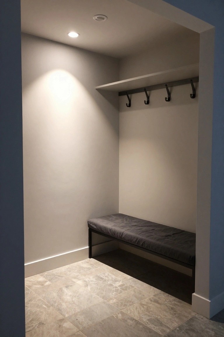 Small mudroom with bench, coat hooks, and single recessed ceiling light