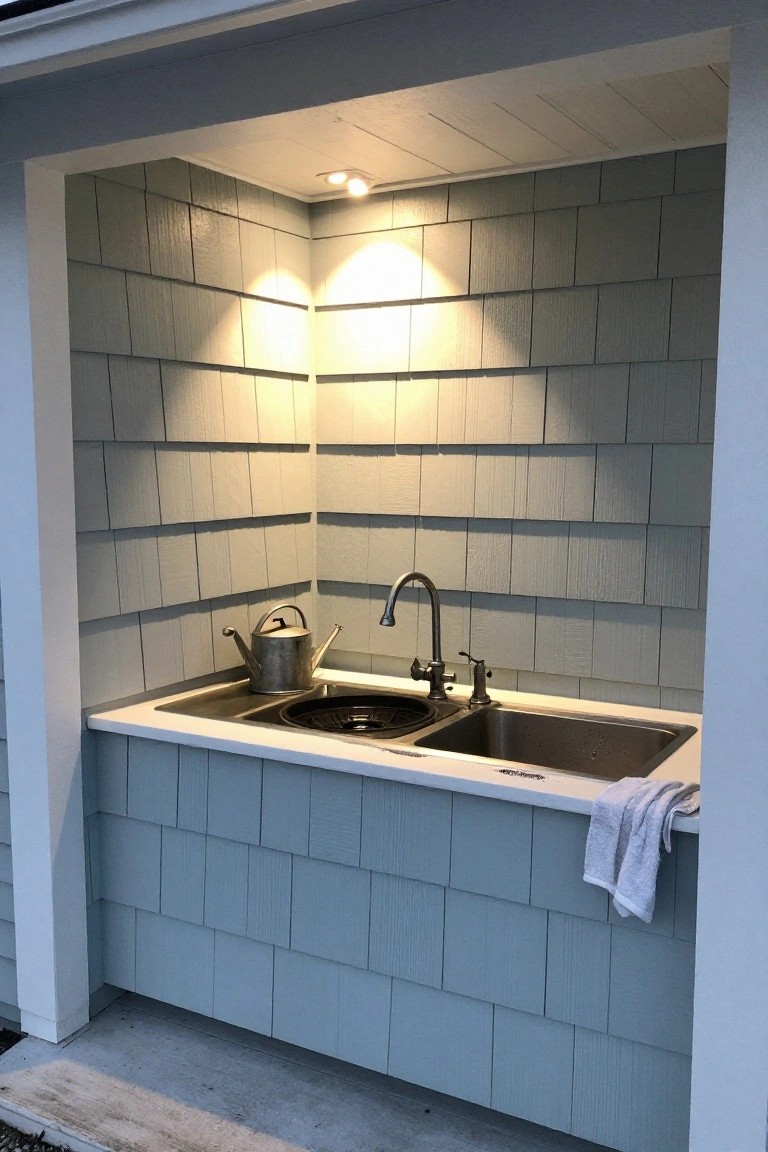 Outdoor sink area with faucet, metal watering can, and towel on blue siding.