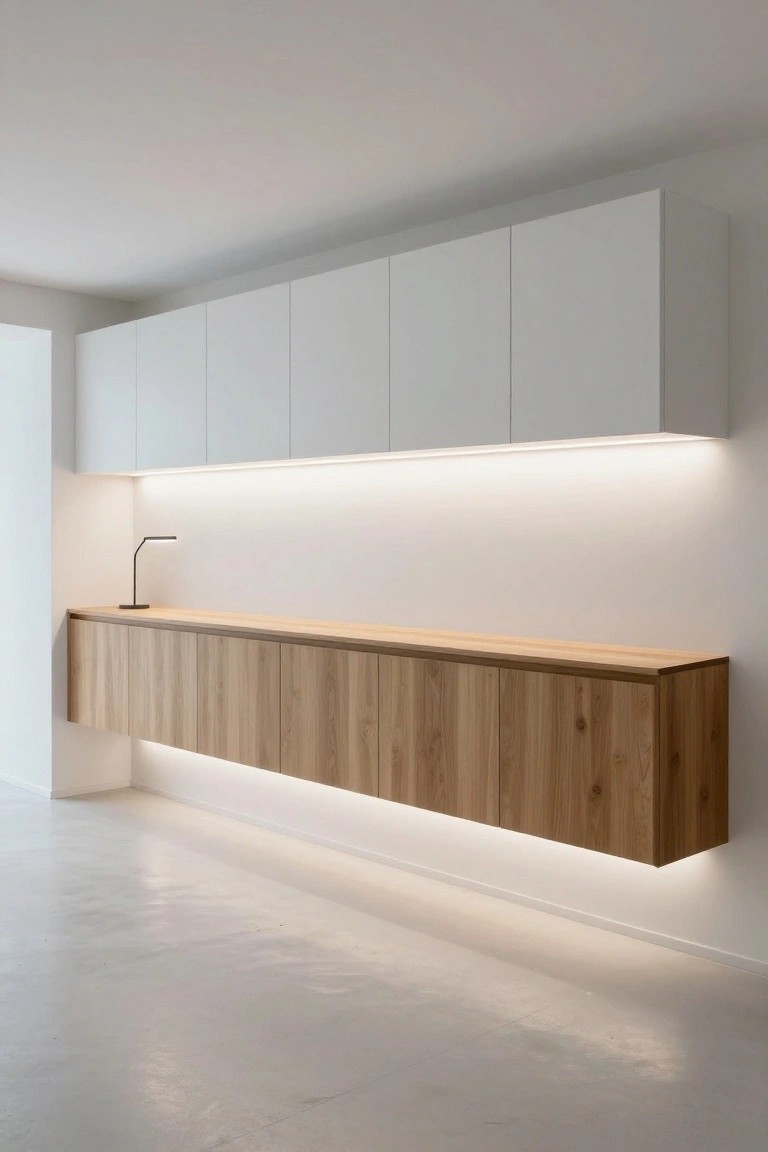 LED strip lights under white overhead cabinets and wooden cantilevered shelf in a minimalist garage workspace