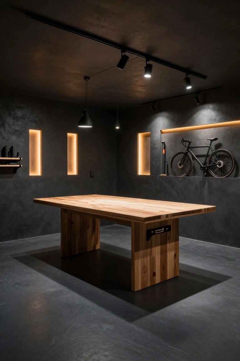 Garage workspace with wooden table under adjustable track lights and pendant fixtures