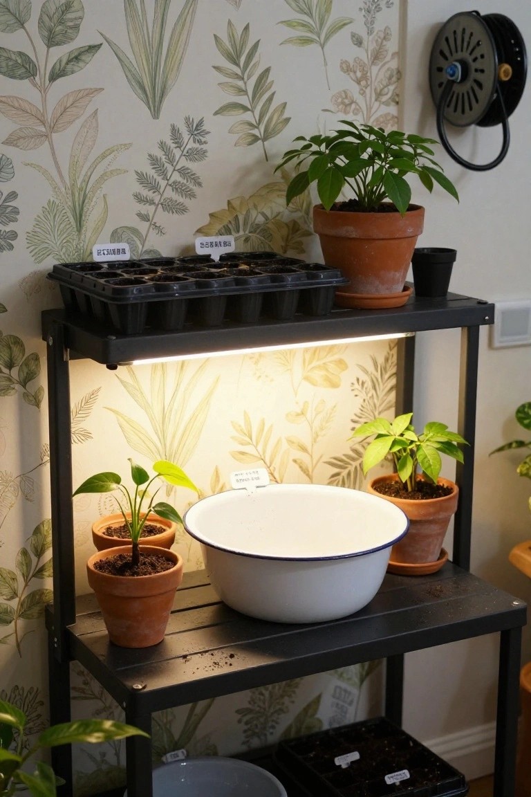 Plant shelf with grow light, seedlings, terracotta pots, and white bowl.