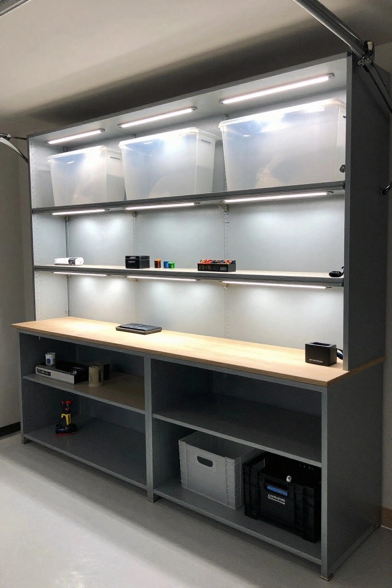 Garage shelving with integrated under-shelf LED lighting over a workbench, clear bins, and organized tools