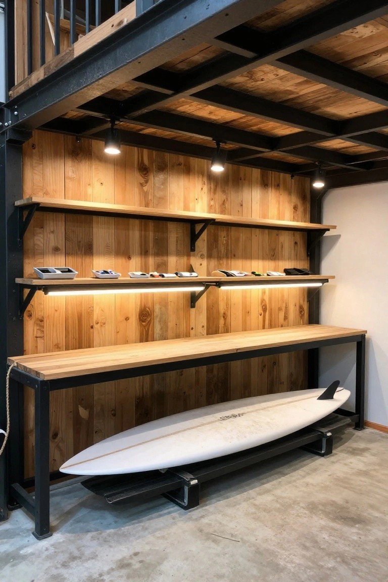 Garage workbench lit by LED strips under wooden shelves with metal framing and stored surfboard below