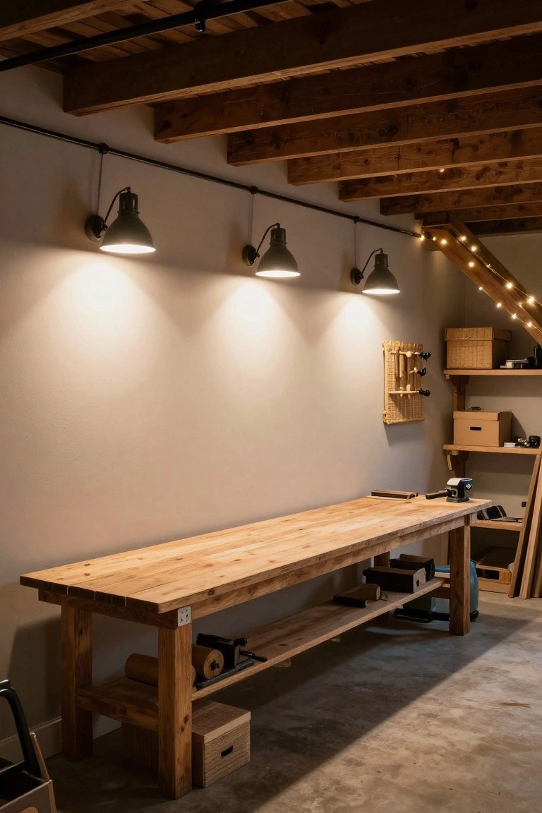 Garage workshop with wooden workbench under three wall-mounted industrial pendant lights