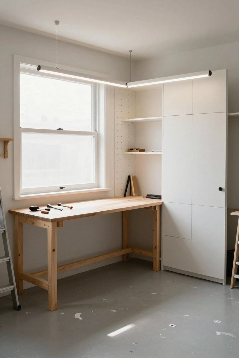 Garage workshop corner with L-shaped LED strip lights illuminating wooden workbench and white built-in cabinets