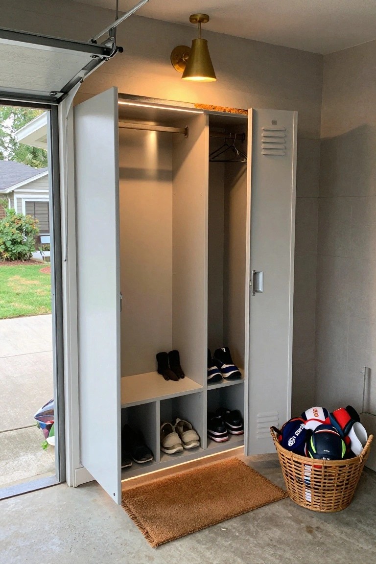 Garage locker cabinet lit by wall sconce with shoes on shelves and hats in basket