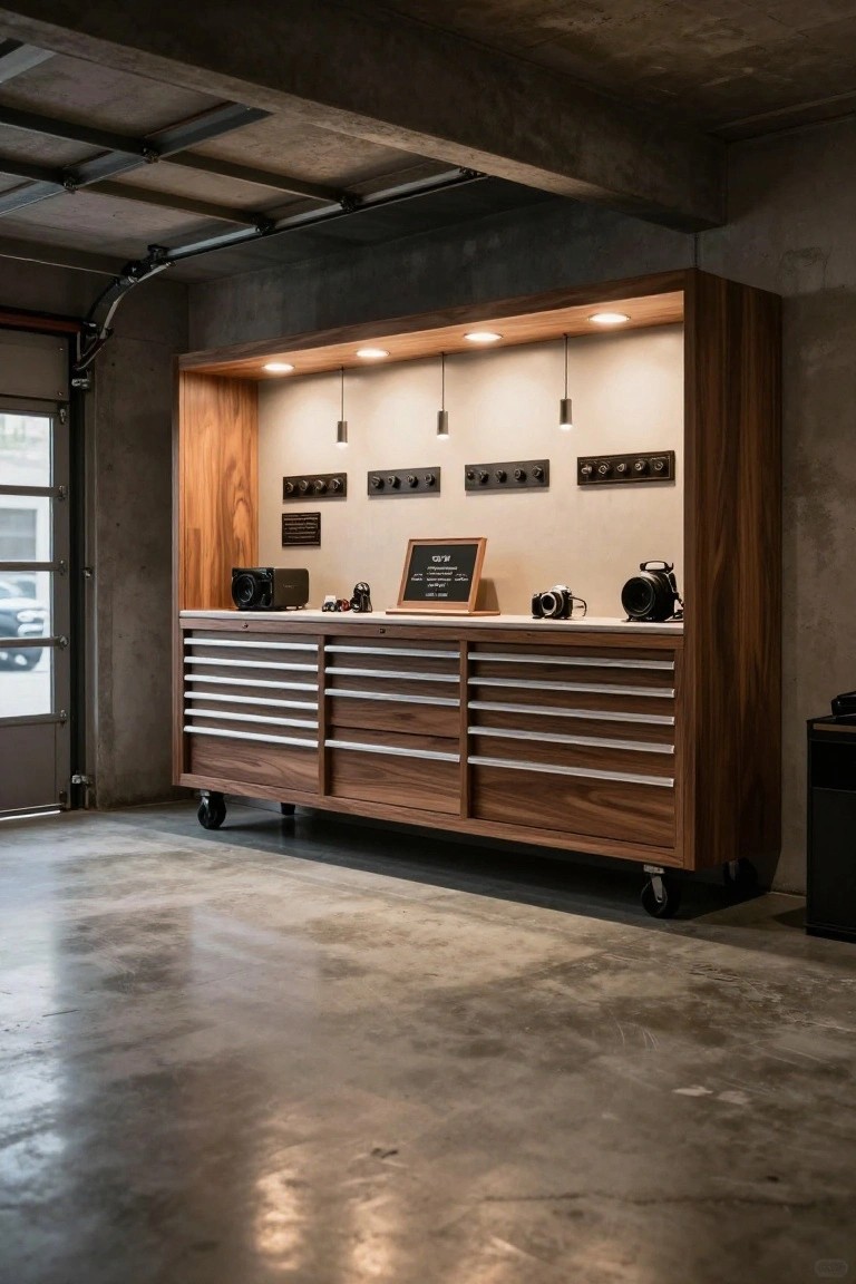 Wooden rolling cabinet with drawers and shelves under three pendant lights in a concrete garage