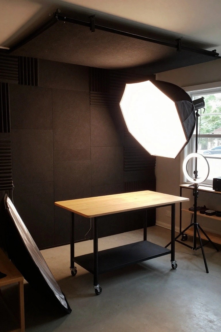 Garage corner set up as a photo studio with wooden worktable, large softbox light, ring light stand, and dark acoustic wall panels