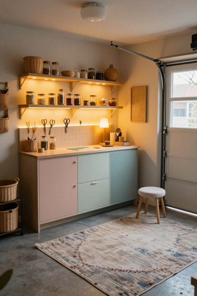 Garage workstation with pink and mint cabinets, wooden shelves glowing under warm LED lights, organized jars and utensils on display