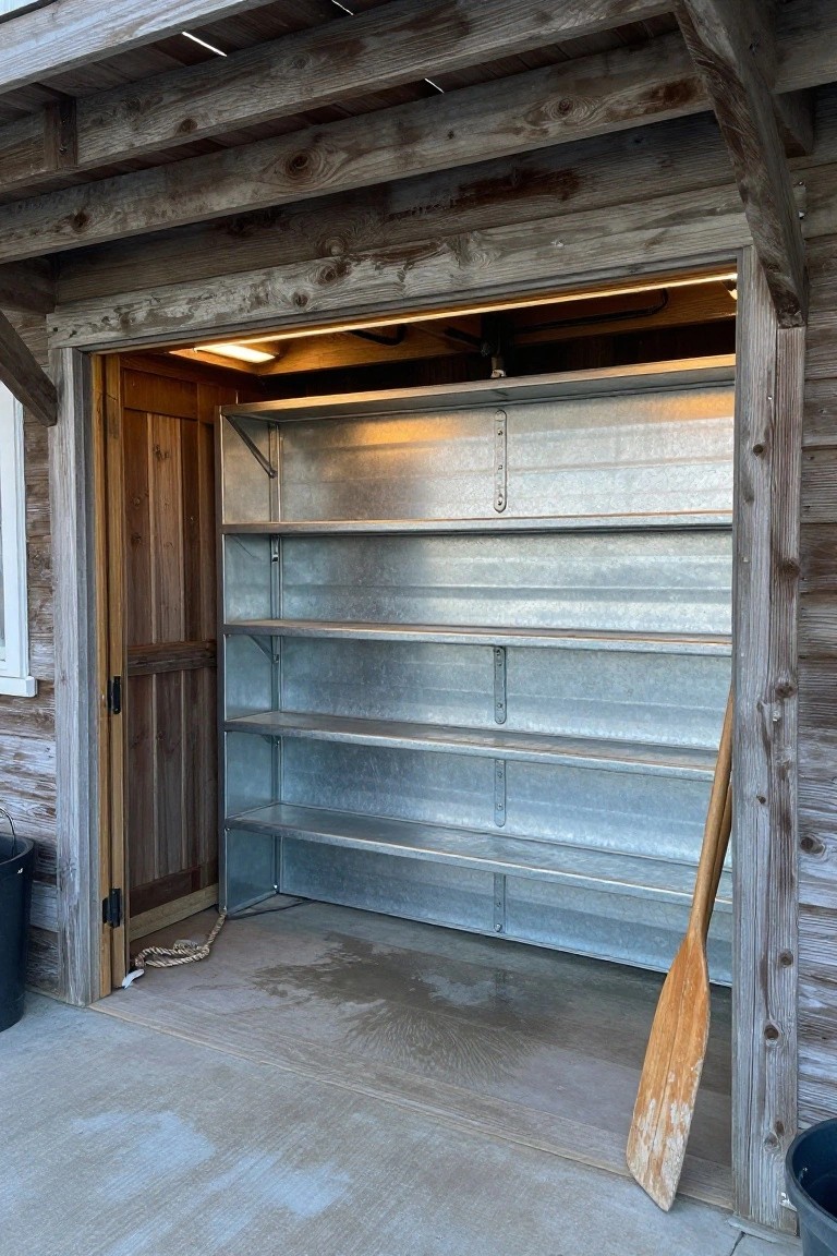 Open garage with metal shelving units illuminated by warm under-shelf lighting, wooden door frame and paddle nearby