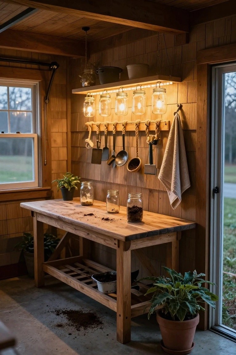 Wooden garage workbench under hanging mason jar pendant lights with hooks for tools and utensils on paneled walls