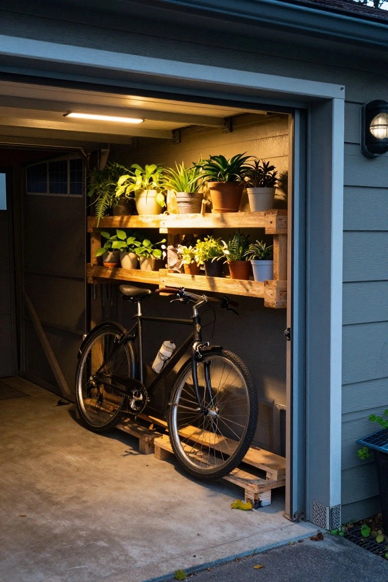 Open garage door at night with overhead light illuminating wooden shelves full of potted plants and a bike rack below