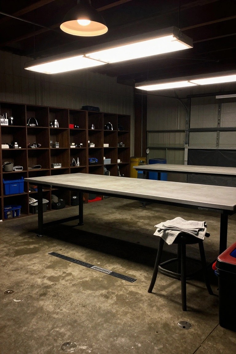 Garage workshop with workbench and storage under fluorescent tubes and a pendant light