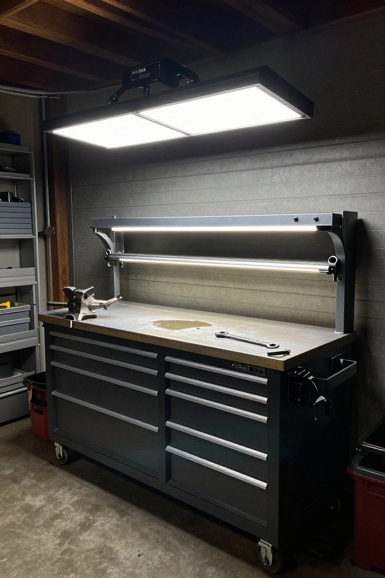 Wall-mounted LED panels providing bright overhead task lighting above a garage workbench