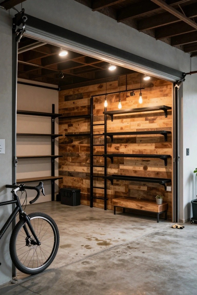 Garage interior with wood accent wall and black metal open shelves lit by three hanging pendant bulbs, bike parked nearby