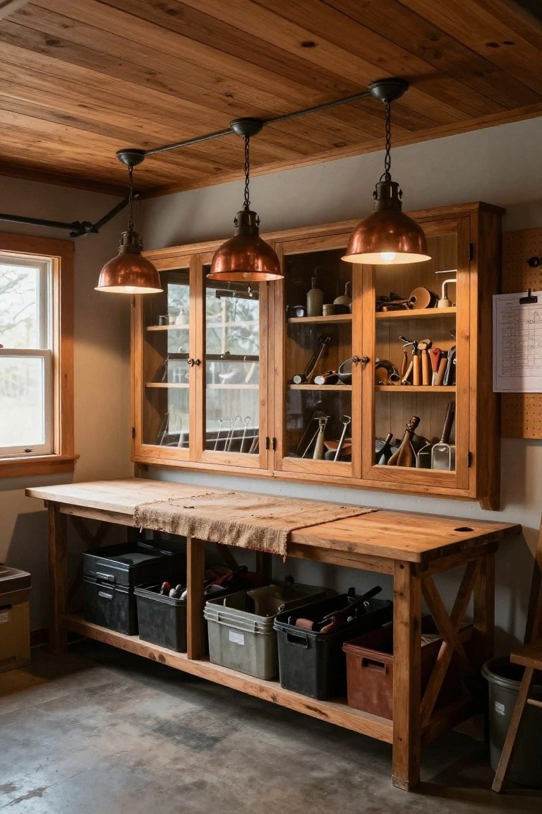 Copper pendant lights hanging from a track over a wooden workbench and cabinets in a home garage workshop