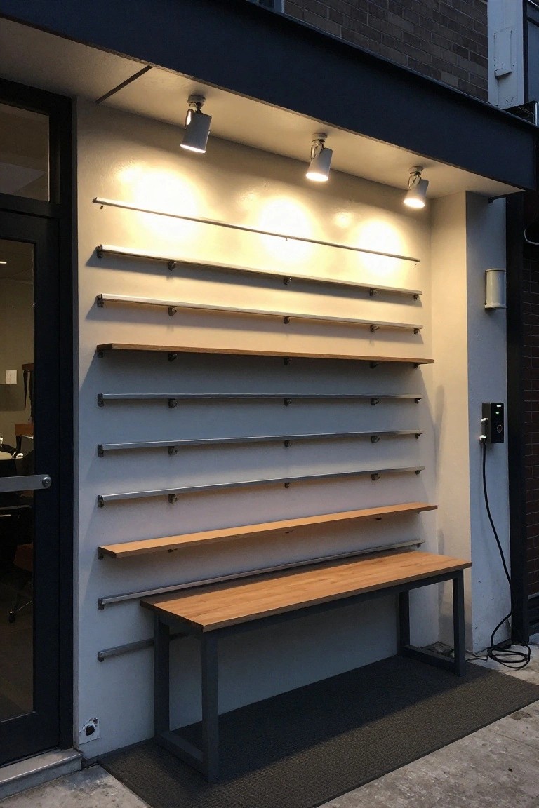 Overhead spotlights illuminating rows of modular wood shelves and a bench on a garage exterior wall