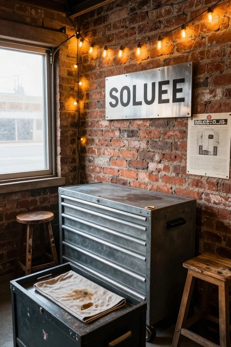 Garage workshop corner with exposed brick walls lit by warm hanging string lights, metal tool cabinet, and wooden stools