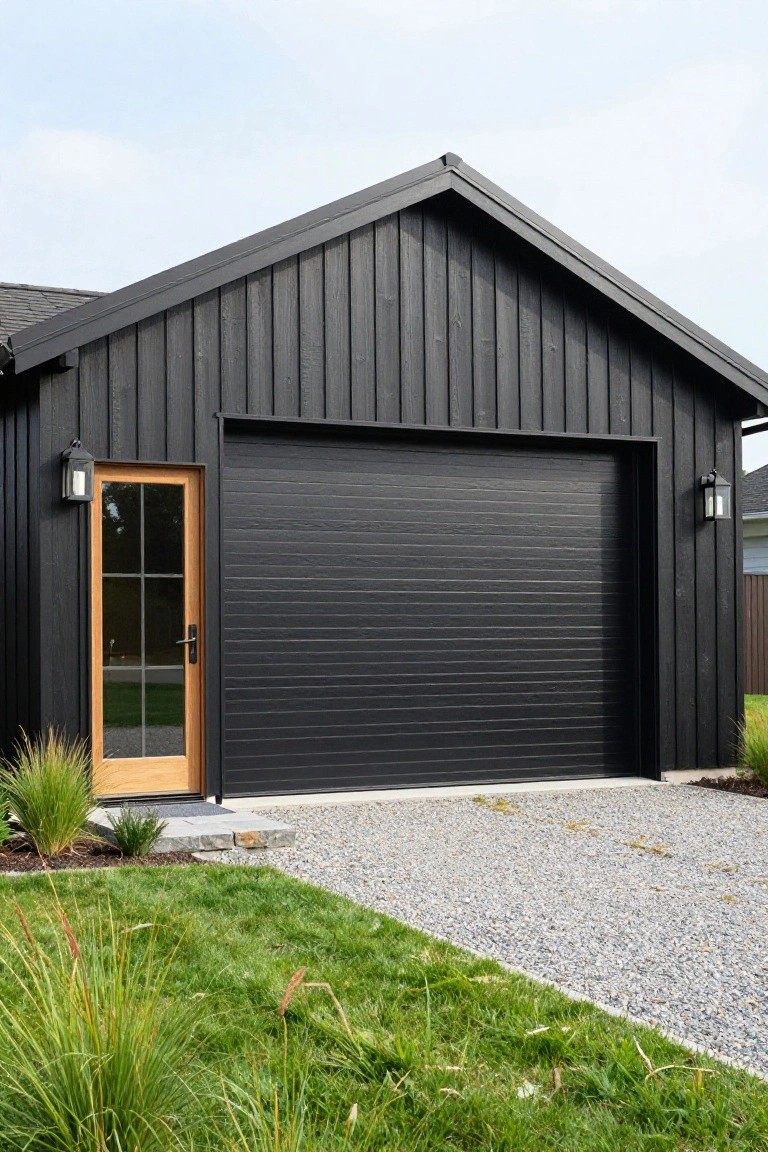 Detached black shiplap garage with gabled roof, large black roller door, orange wood-framed glass side door, black lanterns, gravel driveway, and grass plantings.