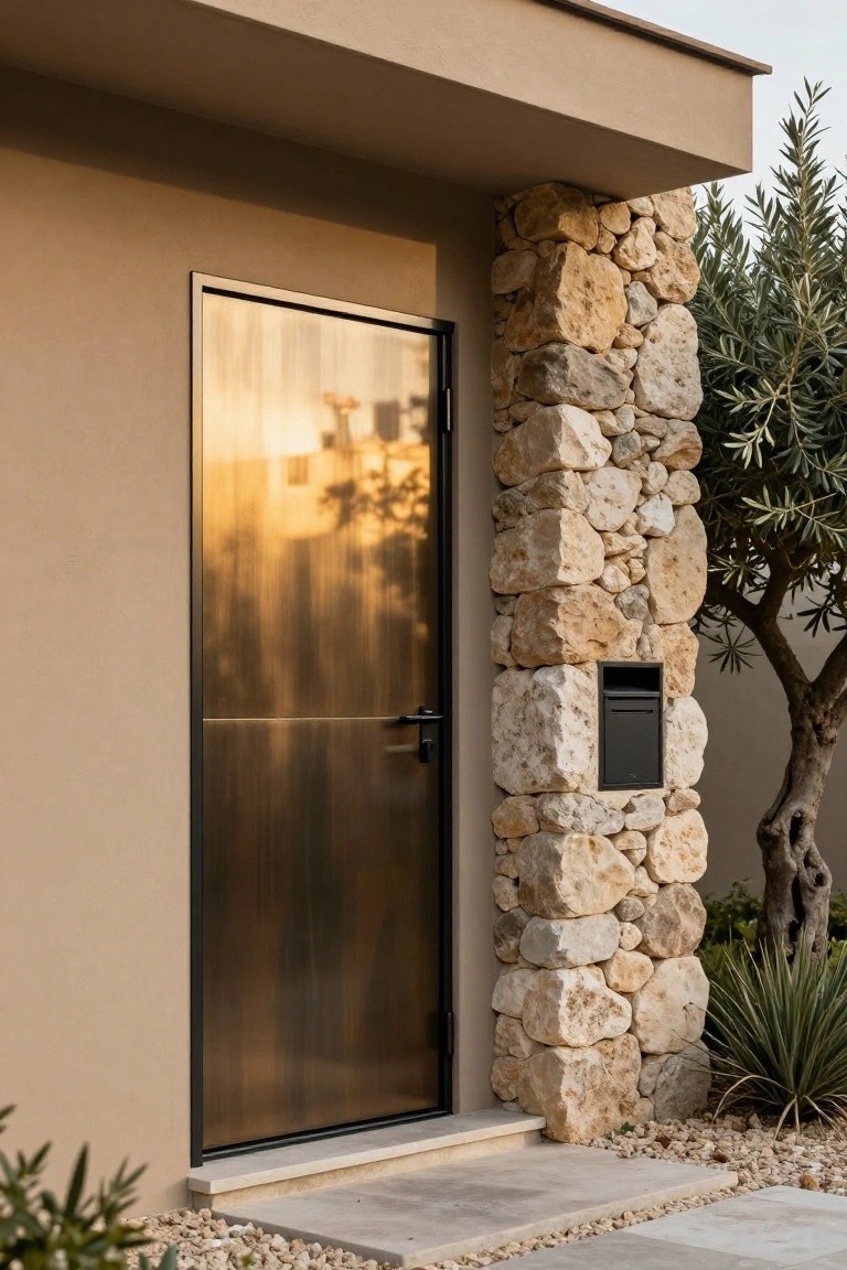 Tall bronze-toned metal door with black frame on beige stucco wall next to stone pillar with olive tree and black mailbox, pebble pathway in front.
