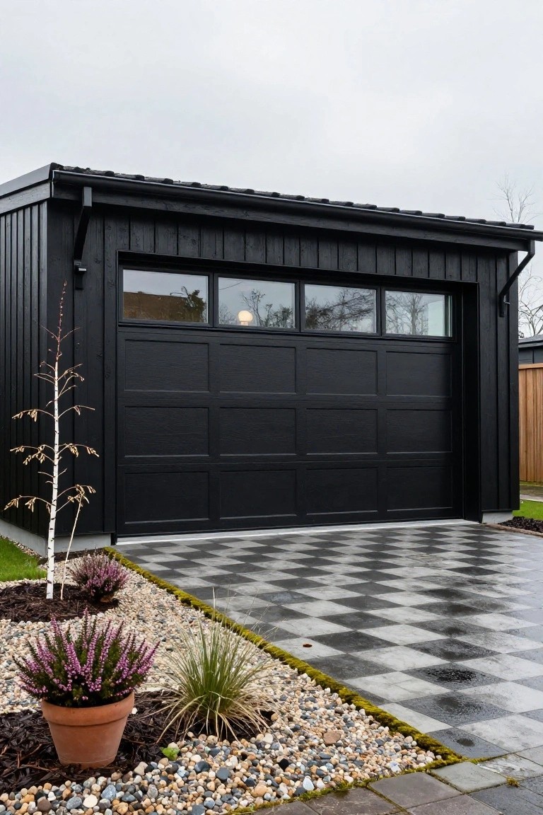 Black modern garage with horizontal wood cladding, large black garage door, narrow windows, and a black-and-white checkered paver driveway edged by gravel, plants, and a young tree.