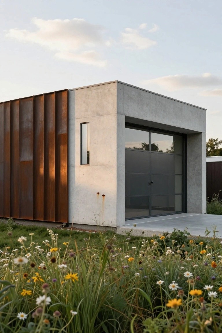 Modern boxy garage featuring smooth gray concrete walls, vertical rusty orange corten steel panels on the left side, a large dark glass door on the front, a small white-framed window, and wildflowers growing in the surrounding grass.