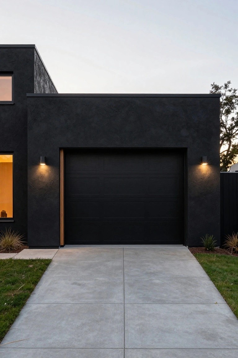 Black textured modern house exterior with recessed black garage door flanked by two black wall lights, concrete driveway, grass lawn, and flax plants on sides at dusk.
