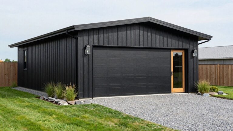 Detached black shiplap garage with gabled roof, large black roller door, orange wood-framed glass side door, black lanterns, gravel driveway, and grass plantings.