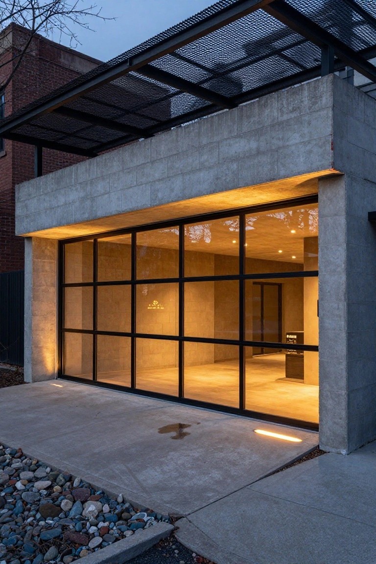 Modern garage exterior with gray concrete block walls, large black metal grid-framed glass door, overhead metal canopy, warm interior lighting, linear path light, and gravel ground cover at dusk.