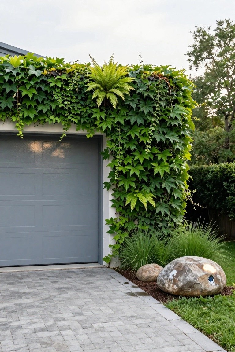 Gray garage door adjacent to a wall covered in dense green ivy and ferns, with a paved driveway, large rocks, and ornamental grasses nearby.