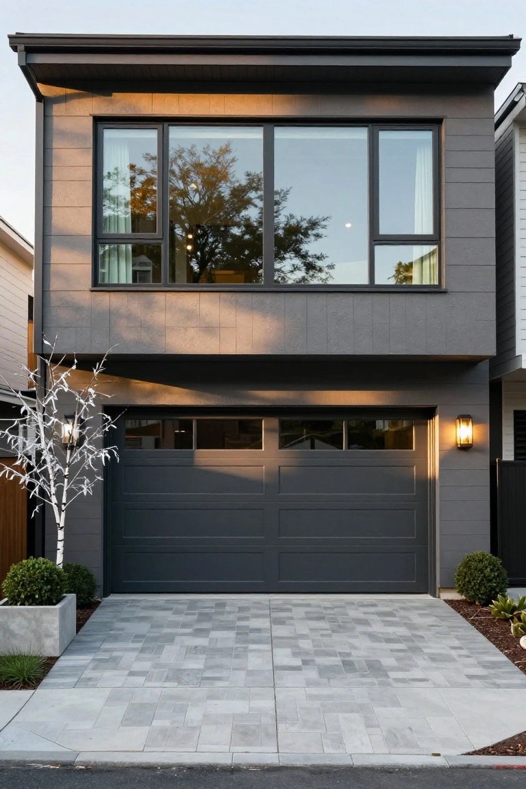 A two-story modern house with dark gray vertical siding, large rectangular windows, a flush gray paneled garage door, light gray paver driveway, and small landscaped trees and shrubs in front.