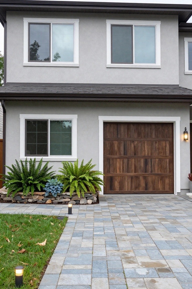 Two-story house with light gray siding, large brown wood-paneled garage door, paver stone driveway, and plants including ferns and rocks along the front.