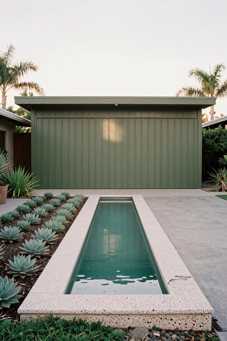 Green vertical-slatted garage door on a modern house, approached by a narrow rectangular pool edged with agave plants and surrounded by palms and concrete paving.