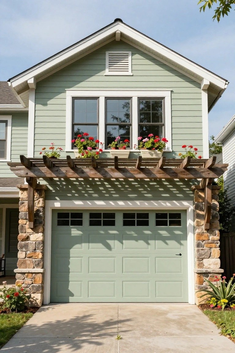Light green two-story house exterior with white trim, green garage door flanked by stone pillars under wooden pergola with flower boxes of red geraniums, and additional plants in window boxes and pots.