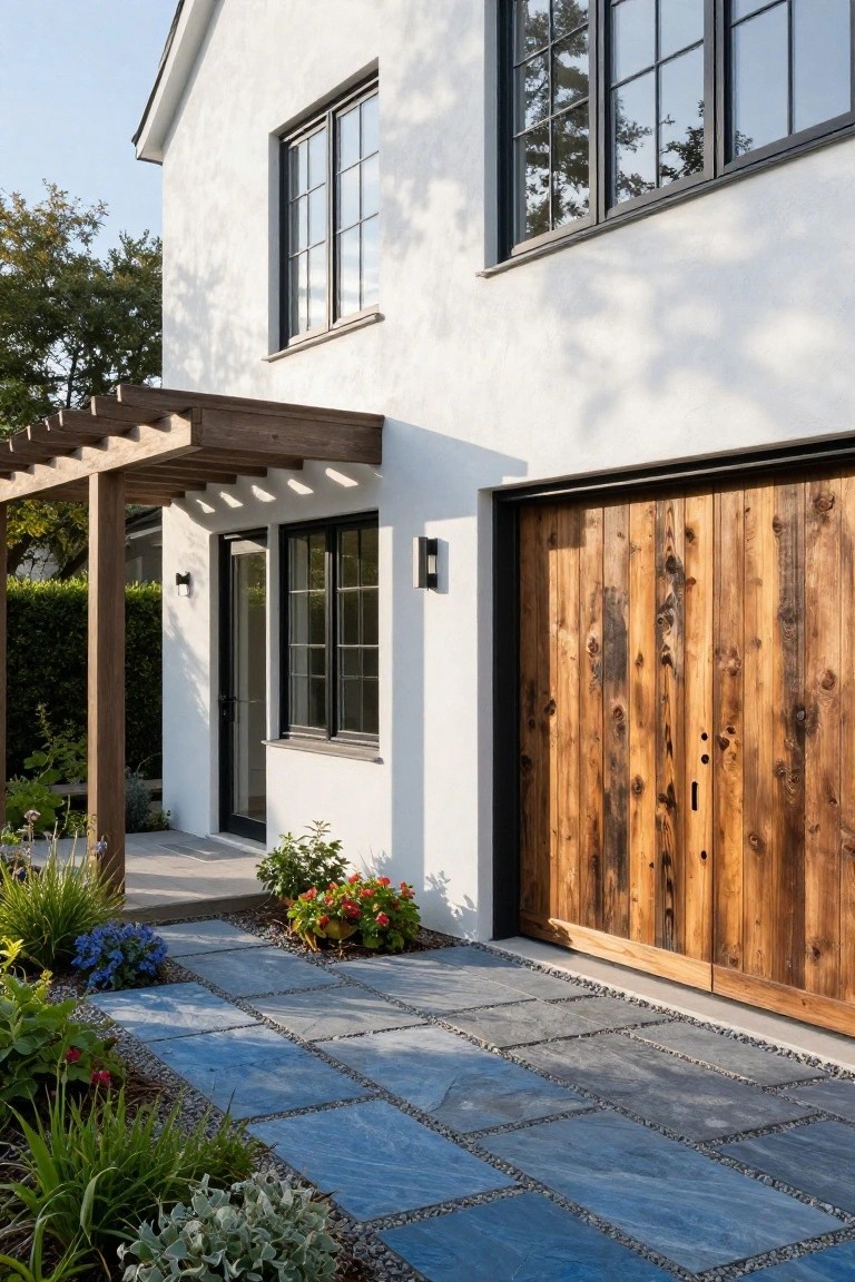 White stucco modern house exterior featuring a large rustic wooden garage door, black-framed windows, pergola-covered entryway, blue stone pathway, and landscaped plants.