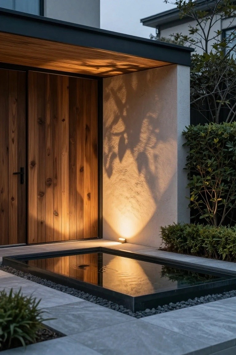 Modern home exterior at dusk with beige stucco wall, vertical wood slat door under black overhang, uplights illuminating the entry, small rectangular black reflecting pool on gray stone pavers, and low shrubs nearby.
