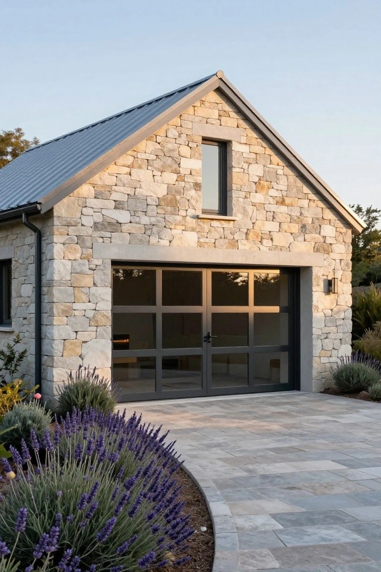 Garage with light stone walls, gray metal gable roof, large glass-paneled door, small high window, lavender shrubs, and gray paver driveway.