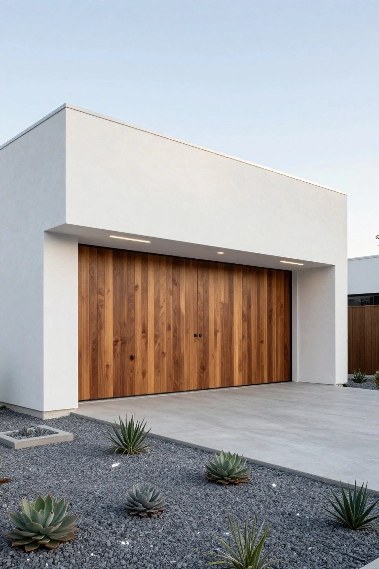 Modern house exterior with white plaster walls, large vertical walnut wood garage door, LED strip lights above the door, concrete driveway, and agave plants in gravel landscaping.