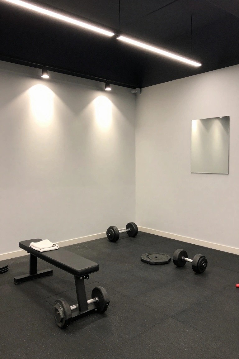 Garage gym corner with black rubber floor, workout bench, dumbbells, and bright overhead LED lighting on a dark ceiling