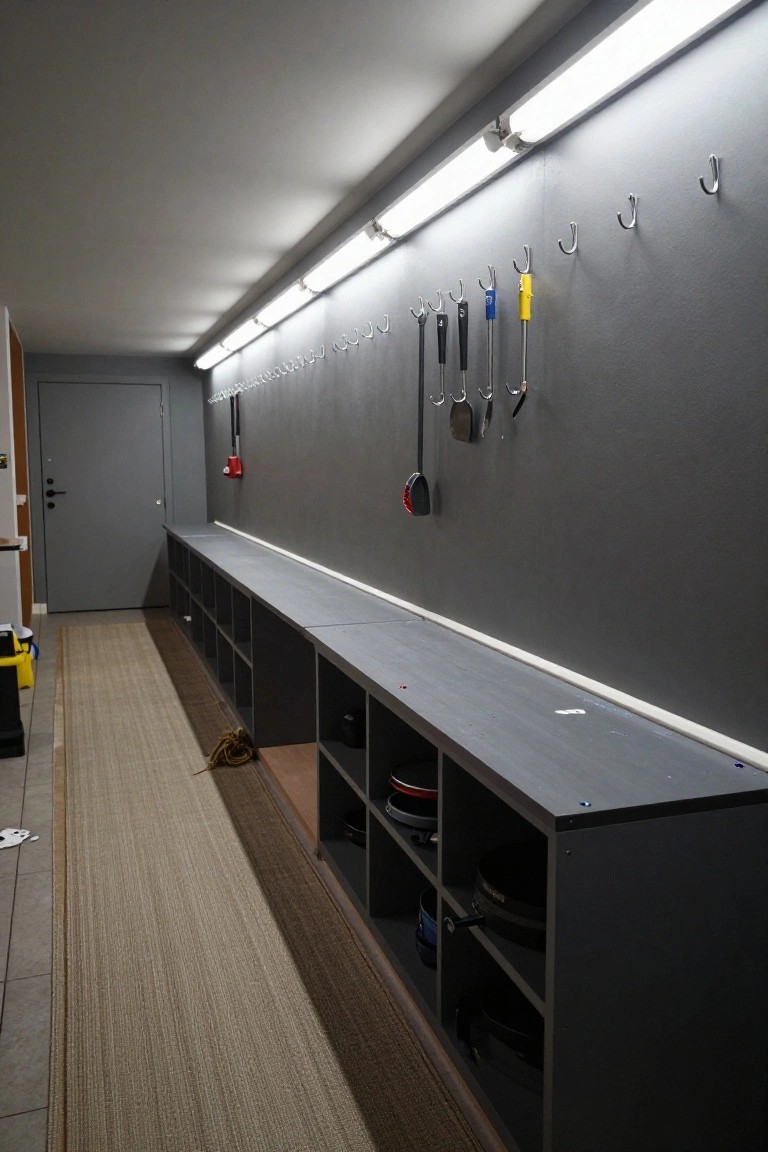 Narrow garage storage space lit by continuous ceiling tube lights over wall hooks and lower cabinets