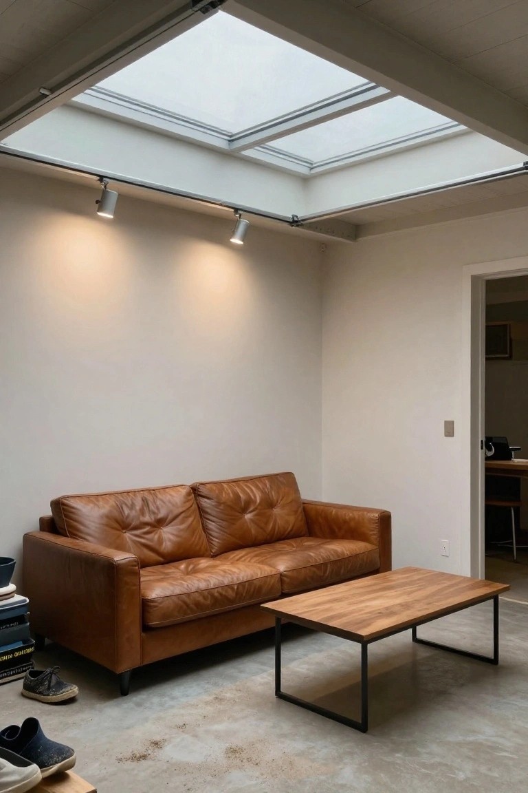Garage lounge with tan leather sofa, low wood table, overhead skylights, track spotlights, and concrete floor