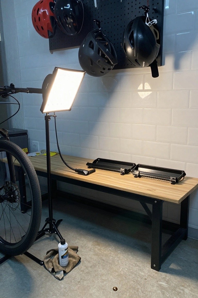 Garage workbench under a portable softbox light for even task illumination, with hanging bike helmets and a parked bike nearby