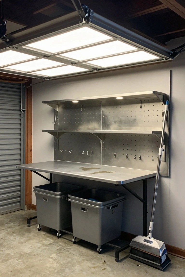 Garage workbench setup under bright overhead LED panels with stainless steel bench, pegboard shelves, and rolling bins