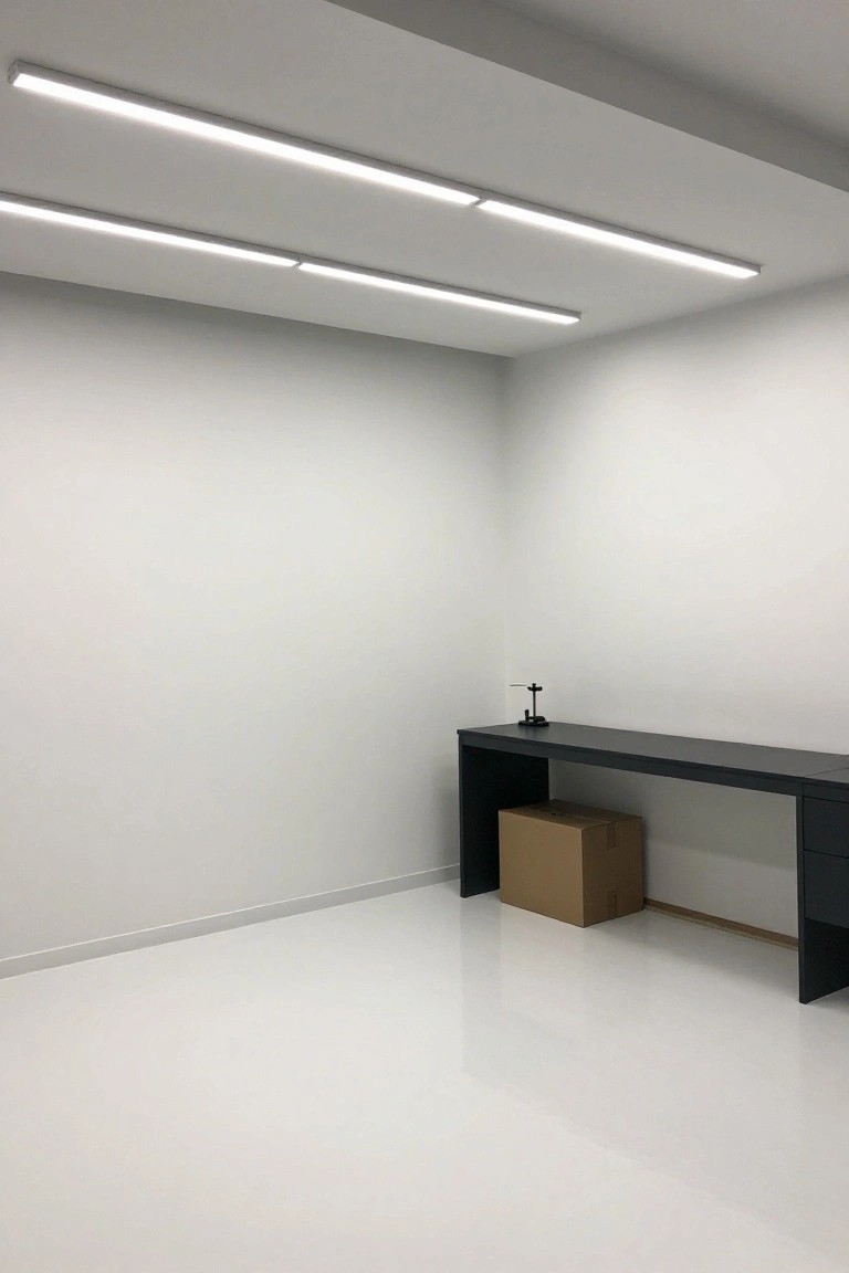 Clean white garage corner with black desk, box, and parallel overhead linear LED lights