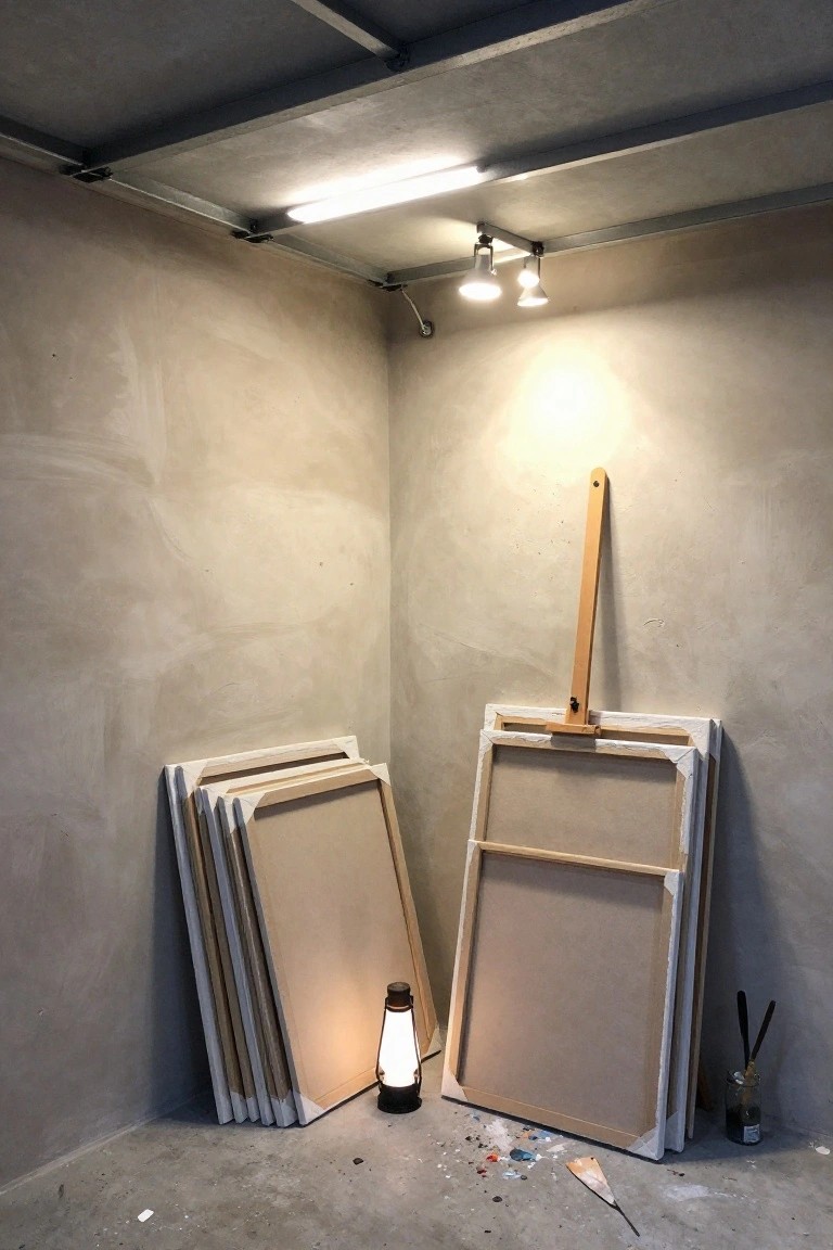 Garage corner with overhead spotlights illuminating stacked canvases and an easel against concrete walls