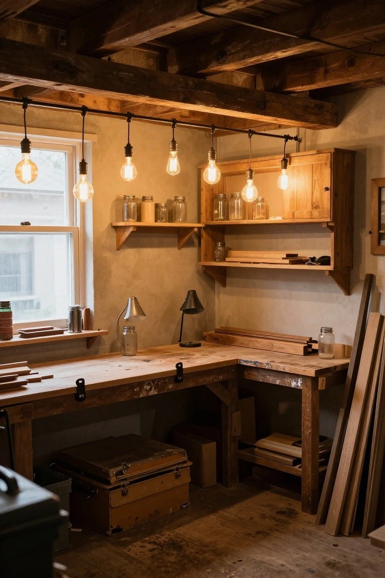 Rustic garage workshop with chain-hung Edison bulb pendants lighting wooden workbench and shelves