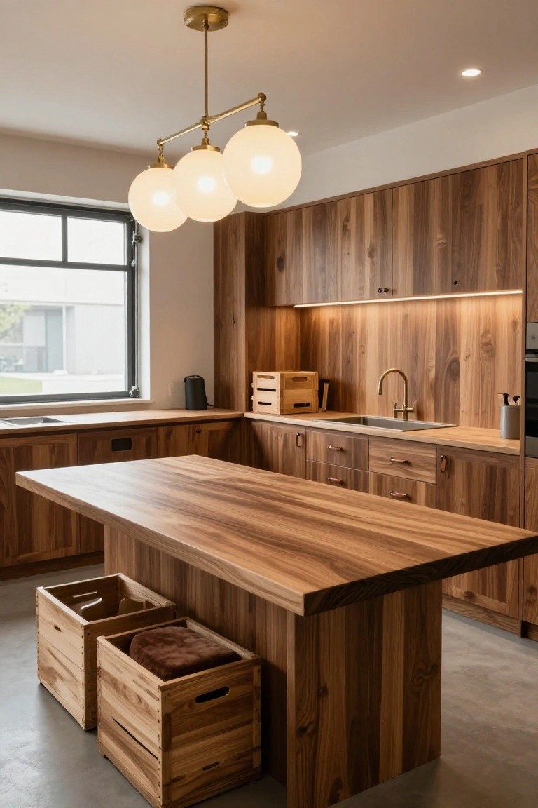 Warm wooden kitchen island with pendant globe lights hanging above, surrounded by walnut cabinets and wooden crates on a concrete floor